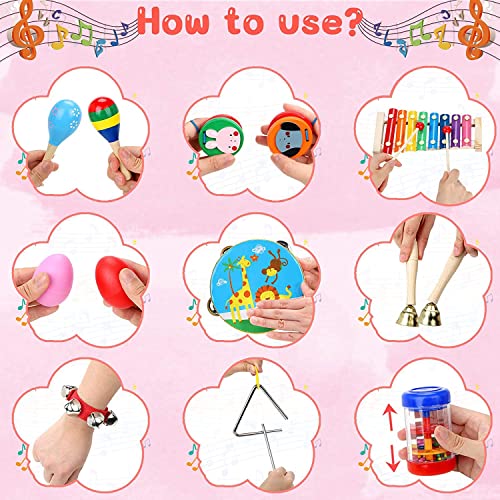 Jojoin Toddler Musical Instruments, 25PCS Wooden Percussion Instruments Toys Set with Storage Backpack, Tambourine, Maracas, Castanets etc. Early Education Musical Toys for Boys and Girls 3+