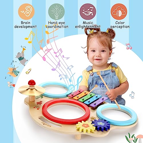 ZHUSI Kids Drum Set for Toddler 8 in 1 Montessori Musical Instruments, Portable Baby Musical Toys Wooden Percussion Instruments Months Birthday Gifts for Girls Boys
