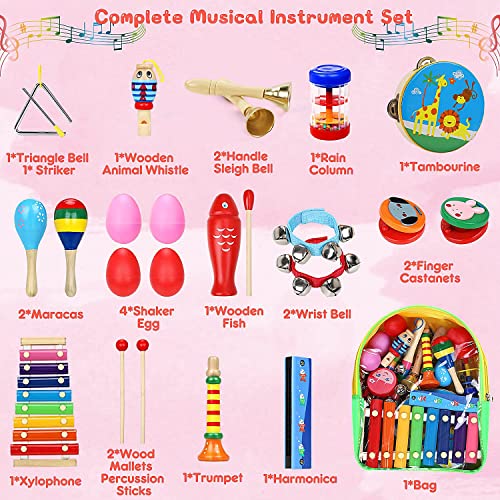 Jojoin Toddler Musical Instruments, 25PCS Wooden Percussion Instruments Toys Set with Storage Backpack, Tambourine, Maracas, Castanets etc. Early Education Musical Toys for Boys and Girls 3+