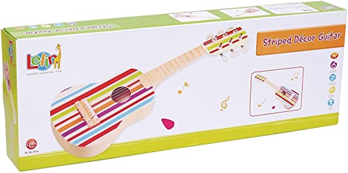 Lelin Wooden Striped Decor Guitar Children Toddler Musical Instrument Pretend Play Music Toy Interactive Role Play Game Early Developmental Gift for Kids Boys Girls Ages 3 year old +