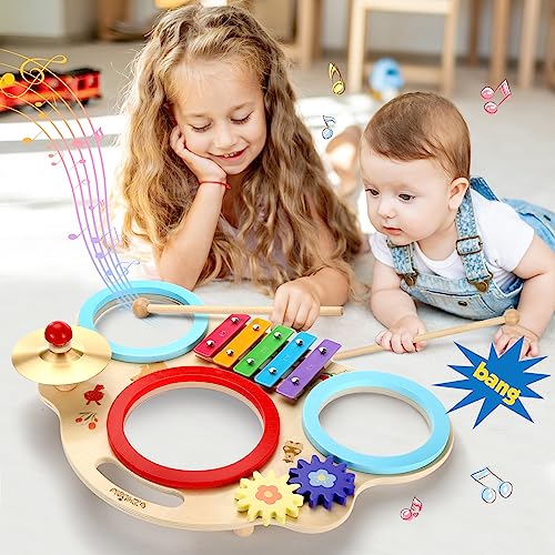 ZHUSI Kids Drum Set for Toddler 8 in 1 Montessori Musical Instruments, Portable Baby Musical Toys Wooden Percussion Instruments Months Birthday Gifts for Girls Boys