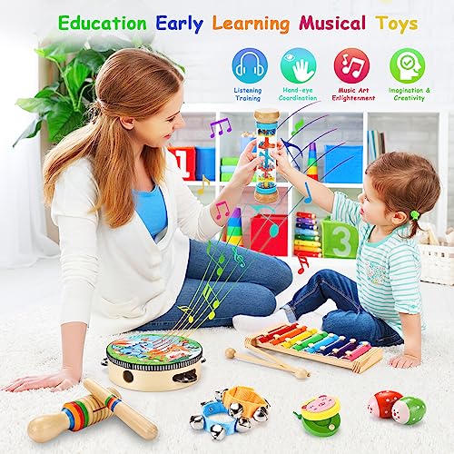 Sweet time Kids Musical Instruments for Toddler, Baby Wooden Percussion Instruments Toys Tambourine Xylophone for Kids, Preschool Educational Musical Toys for Boys and Girls Gift