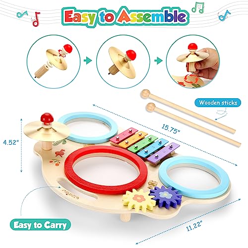 ZHUSI Kids Drum Set for Toddler 8 in 1 Montessori Musical Instruments, Portable Baby Musical Toys Wooden Percussion Instruments Months Birthday Gifts for Girls Boys