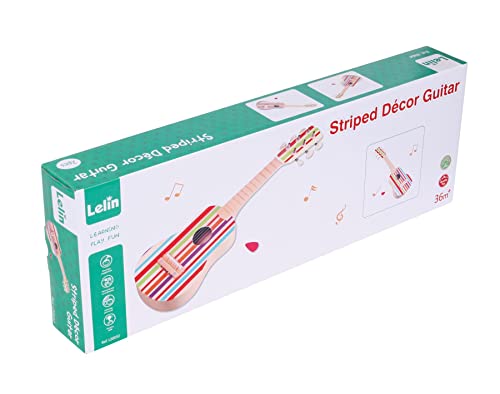 Lelin Wooden Striped Decor Guitar Children Toddler Musical Instrument Pretend Play Music Toy Interactive Role Play Game Early Developmental Gift for Kids Boys Girls Ages 3 year old +
