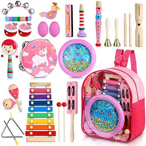 Jojoin Toddler Musical Instruments Set, 25PCS Wooden Percussion Toys Pink Theme with Ocean Wave Bead Drum, Tambourine, Storage Backpack etc. Early Education Musical Toys for Boys and Girls 3+
