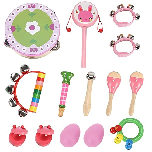 ColdShine 14 Pcs Musical Instruments Set Toddler Wooden Percussion Toy Exquisite Kid Musical Instrument for Preschool Kid (Pink)