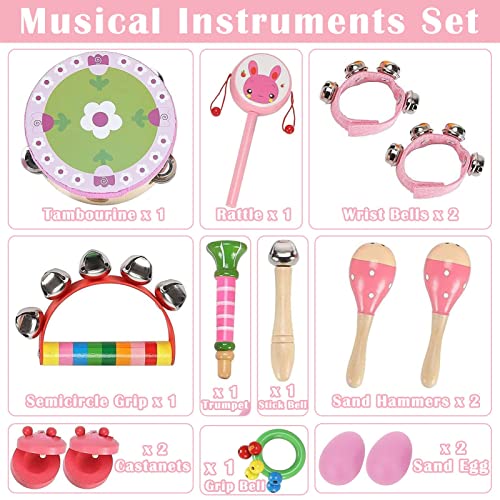 ColdShine 14 Pcs Musical Instruments Set Toddler Wooden Percussion Toy Exquisite Kid Musical Instrument for Preschool Kid (Pink)