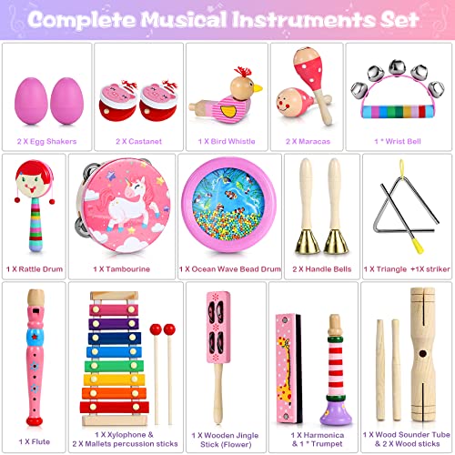 Jojoin Toddler Musical Instruments Set, 25PCS Wooden Percussion Toys Pink Theme with Ocean Wave Bead Drum, Tambourine, Storage Backpack etc. Early Education Musical Toys for Boys and Girls 3+