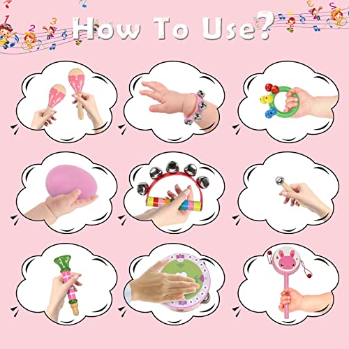ColdShine 14 Pcs Musical Instruments Set Toddler Wooden Percussion Toy Exquisite Kid Musical Instrument for Preschool Kid (Pink)