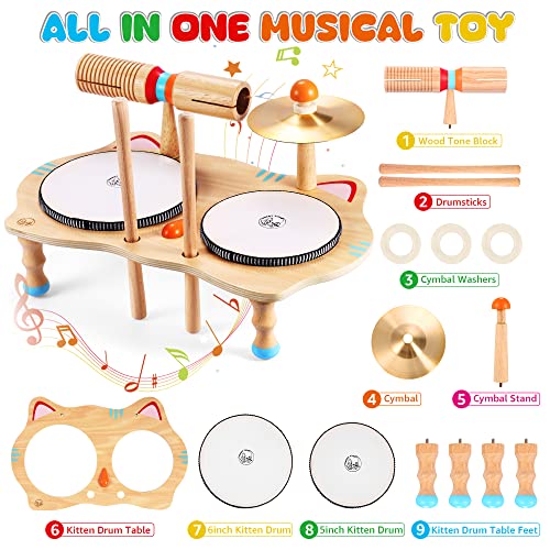 Sweet time Kids Drum Set, Baby Musical Instruments Toys for Toddlers, 6 in 1 Wooden Percussion Instruments Toddler Drum Set Sensory Toys Montessori Toys Birthday Gifts for Boys and Girls