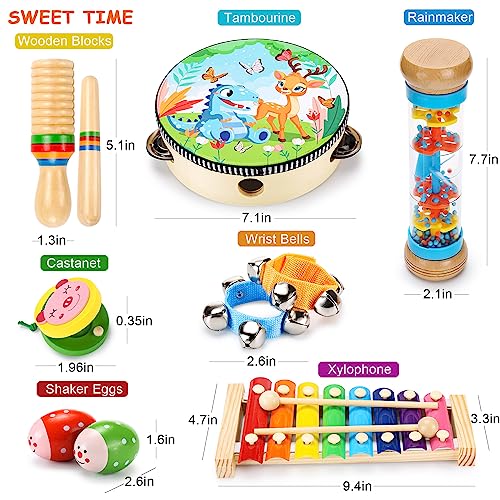 Sweet time Kids Musical Instruments for Toddler, Baby Wooden Percussion Instruments Toys Tambourine Xylophone for Kids, Preschool Educational Musical Toys for Boys and Girls Gift