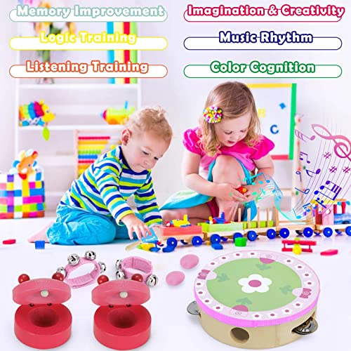 ColdShine 14 Pcs Musical Instruments Set Toddler Wooden Percussion Toy Exquisite Kid Musical Instrument for Preschool Kid (Pink)