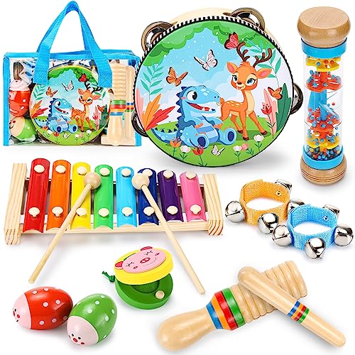 Sweet time Kids Musical Instruments for Toddler, Baby Wooden Percussion Instruments Toys Tambourine Xylophone for Kids, Preschool Educational Musical Toys for Boys and Girls Gift