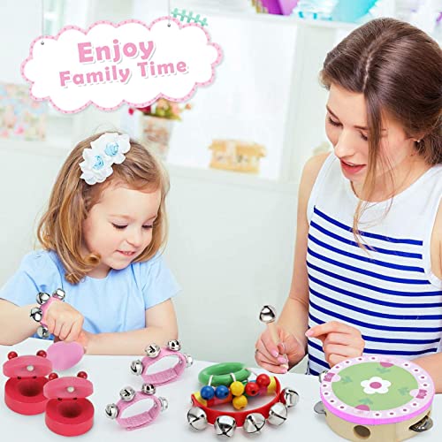 ColdShine 14 Pcs Musical Instruments Set Toddler Wooden Percussion Toy Exquisite Kid Musical Instrument for Preschool Kid (Pink)