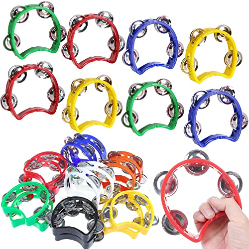 Olgaa 8 Pcs Tambourine for Kids, Plastic Handheld Half Moon Tambourines Percussion Jingles Musical Instrument, Hand Bell Musical Toys with 4 Bells for Adults, Toddler (4 Colors)