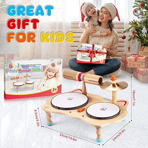 Sweet time Kids Drum Set, Baby Musical Instruments Toys for Toddlers, 6 in 1 Wooden Percussion Instruments Toddler Drum Set Sensory Toys Montessori Toys Birthday Gifts for Boys and Girls