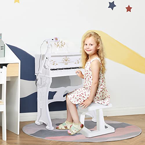 HOMCOM 37 Keys Kids Piano Mini Electronic Keyboard Light Kids Musical Instrument Educational Game Children Grand Piano Toy Set w/Stool & Microphone & Music Stand (White)