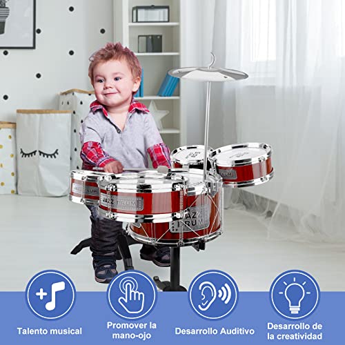 Kids Drum Set, Toddler Toys Jazz Drum Kit 8 Piece, Educational Percussion Musical Instruments Drum Toy with Stool, Sensory Toys Mini Band Rock Set for Beginners Boys Girls,Musical Toy Kit (Red)