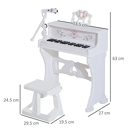HOMCOM 37 Keys Kids Piano Mini Electronic Keyboard Light Kids Musical Instrument Educational Game Children Grand Piano Toy Set w/Stool & Microphone & Music Stand (White)