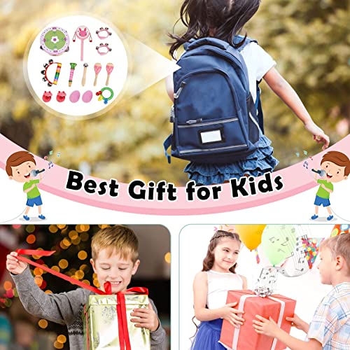 ColdShine 14 Pcs Musical Instruments Set Toddler Wooden Percussion Toy Exquisite Kid Musical Instrument for Preschool Kid (Pink)