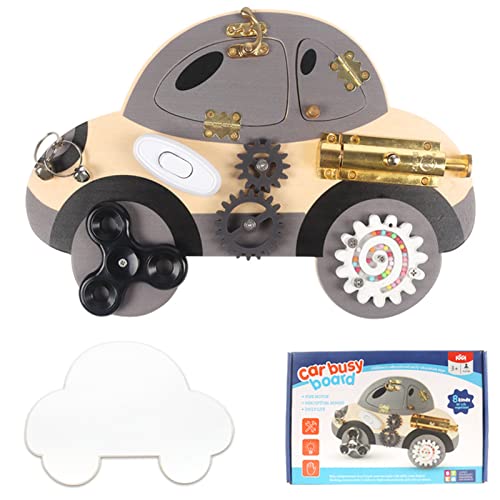 Montessori Busy Board for Toddlers, Children'S Early Education Puzzle Unlocking Car Busy Board, Wooden Toy Busy Block Playboards with Lock, Latches, Gear, Educational Toys for 1-3 Boys & Girls