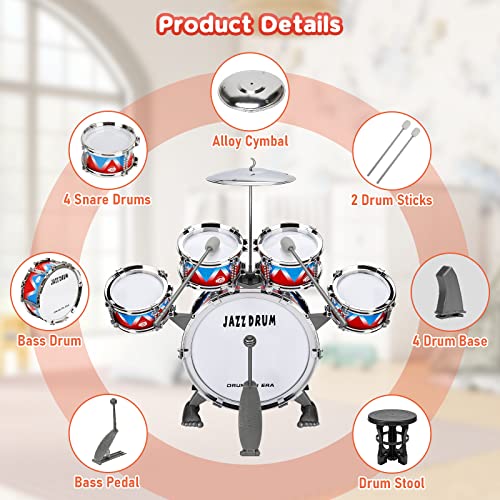 Kids Drum Kit, Toddler Jazz Drum Set 10 Piece for Toddler Toys 5 Drums with Stool Pedal Percussion Musical Instruments Drum Toy Birthday Early Education Xmas Gift Toys for 3 4 5 Year Old Girls Boys