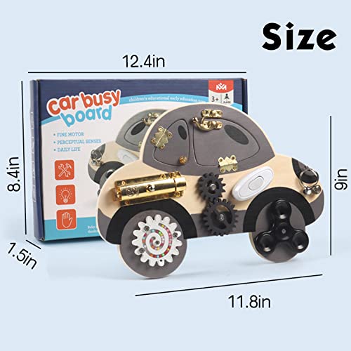 Montessori Busy Board for Toddlers, Children'S Early Education Puzzle Unlocking Car Busy Board, Wooden Toy Busy Block Playboards with Lock, Latches, Gear, Educational Toys for 1-3 Boys & Girls