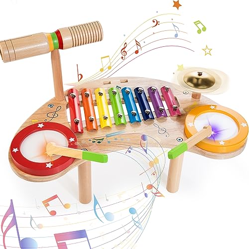 JUSTWOOD 6 in 1 Kids Drum Set Montessori Music Instruments for Toddlers 1-3, Kids Percussion Drum Xylophone,Preschool Baby Musical Drums 1 Year Old Toys for Boys and Girls