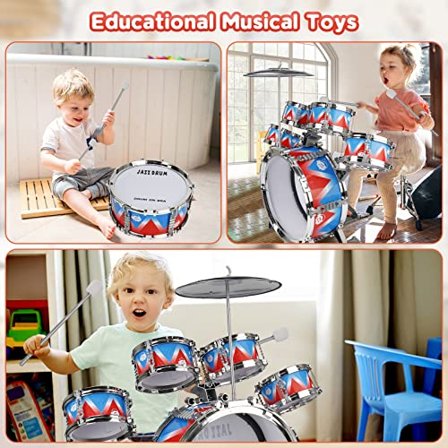 Kids Drum Kit, Toddler Jazz Drum Set 10 Piece for Toddler Toys 5 Drums with Stool Pedal Percussion Musical Instruments Drum Toy Birthday Early Education Xmas Gift Toys for 3 4 5 Year Old Girls Boys