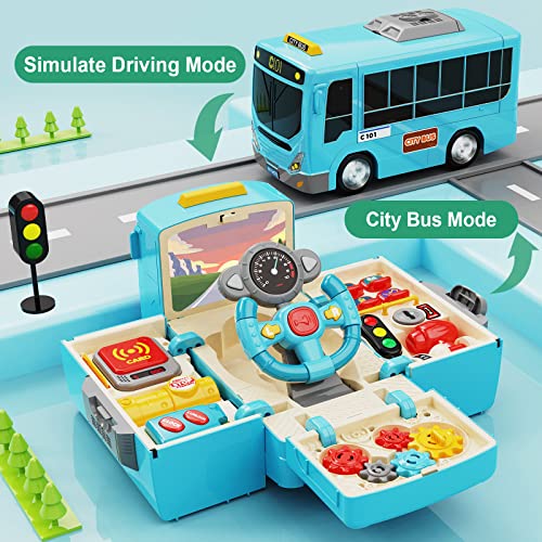 HONGTUO Bus Toy with Sound and Light, Simulation Steering Wheel Gear Toy, Toddlers Bus Toys with Music Education Knowledge Simulation Driving Bus Toys, Gift for 1-3-5 Boys & Girls…
