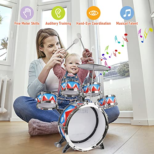 Kids Drum Kit, Toddler Jazz Drum Set 10 Piece for Toddler Toys 5 Drums with Stool Pedal Percussion Musical Instruments Drum Toy Birthday Early Education Xmas Gift Toys for 3 4 5 Year Old Girls Boys