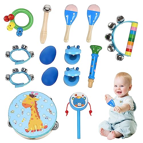 Holdfiturn 14 Pcs Musical Instruments for Toddlers Music Wooden Toys Music Enlightenment Percussion Toys Percussion Musical Toys Wooden Toys Percussion Set for Early Education (Blue)