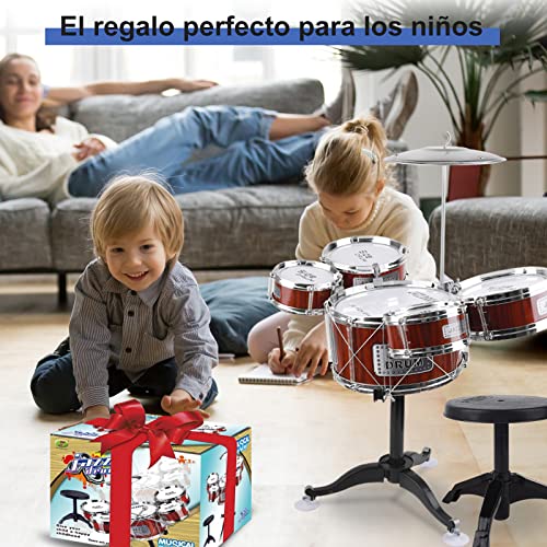 Kids Drum Set, Toddler Toys Jazz Drum Kit 8 Piece, Educational Percussion Musical Instruments Drum Toy with Stool, Sensory Toys Mini Band Rock Set for Beginners Boys Girls,Musical Toy Kit (Red)