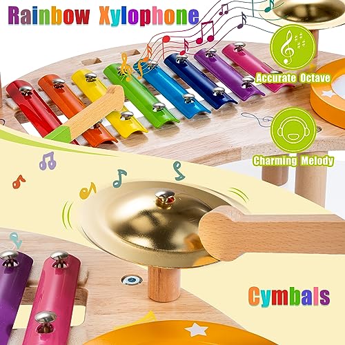 JUSTWOOD 6 in 1 Kids Drum Set Montessori Music Instruments for Toddlers 1-3, Kids Percussion Drum Xylophone,Preschool Baby Musical Drums 1 Year Old Toys for Boys and Girls