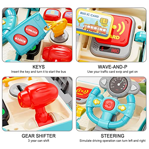 HONGTUO Bus Toy with Sound and Light, Simulation Steering Wheel Gear Toy, Toddlers Bus Toys with Music Education Knowledge Simulation Driving Bus Toys, Gift for 1-3-5 Boys & Girls…