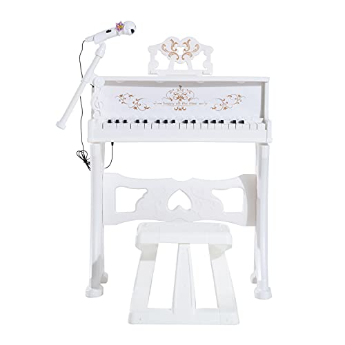HOMCOM 37 Keys Kids Piano Mini Electronic Keyboard Light Kids Musical Instrument Educational Game Children Grand Piano Toy Set w/Stool & Microphone & Music Stand (White)