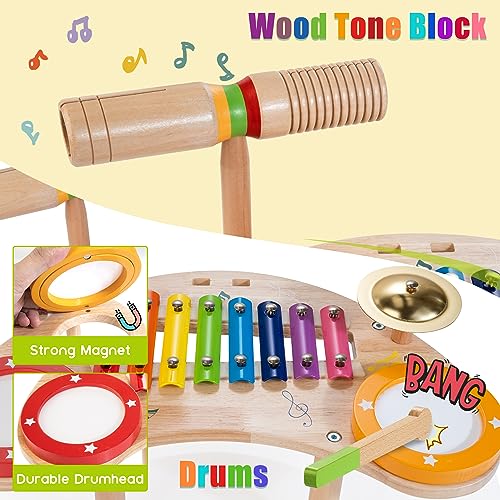 JUSTWOOD 6 in 1 Kids Drum Set Montessori Music Instruments for Toddlers 1-3, Kids Percussion Drum Xylophone,Preschool Baby Musical Drums 1 Year Old Toys for Boys and Girls