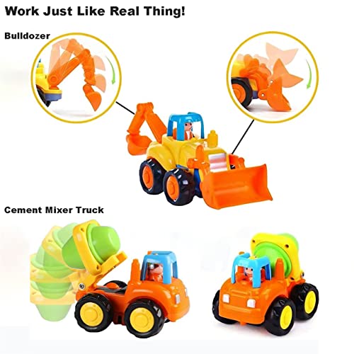 HOLA Toys for 1 2 Year Old Boy Gifts, 4 Pack Friction Power Kids Digger Trucks Toy Cars for 1+ Year Olds, Early Education Construction Vehicles Toddler Baby Kids Toys for 3 Year Old Boys