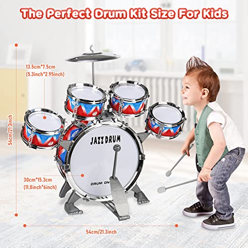 Kids Drum Kit, Toddler Jazz Drum Set 10 Piece for Toddler Toys 5 Drums with Stool Pedal Percussion Musical Instruments Drum Toy Birthday Early Education Xmas Gift Toys for 3 4 5 Year Old Girls Boys