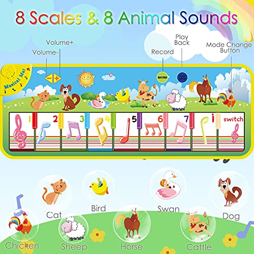 UNTIL YOU Piano Mat,Musical Mat,Kids Touch Play Piano Dance Mat with 8 Animal Sounds,Multi-Function Toddlers Music Mat with Record Playback Baby Early Education Toy 1/2/3/4/5 Year Old Boy Girl Gifts