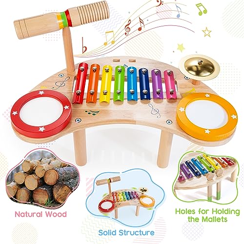 JUSTWOOD 6 in 1 Kids Drum Set Montessori Music Instruments for Toddlers 1-3, Kids Percussion Drum Xylophone,Preschool Baby Musical Drums 1 Year Old Toys for Boys and Girls