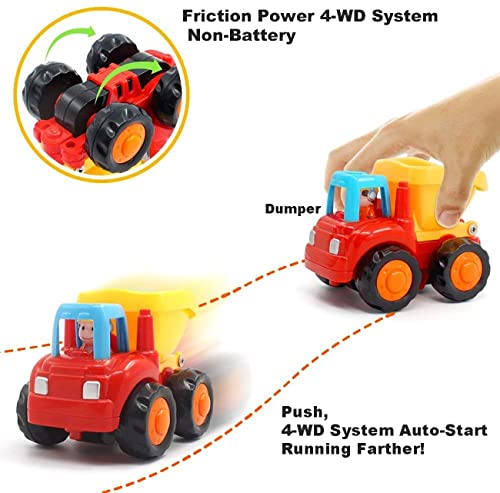 HOLA Toys for 1 2 Year Old Boy Gifts, 4 Pack Friction Power Kids Digger Trucks Toy Cars for 1+ Year Olds, Early Education Construction Vehicles Toddler Baby Kids Toys for 3 Year Old Boys