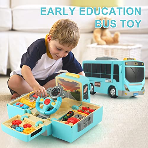 HONGTUO Bus Toy with Sound and Light, Simulation Steering Wheel Gear Toy, Toddlers Bus Toys with Music Education Knowledge Simulation Driving Bus Toys, Gift for 1-3-5 Boys & Girls…