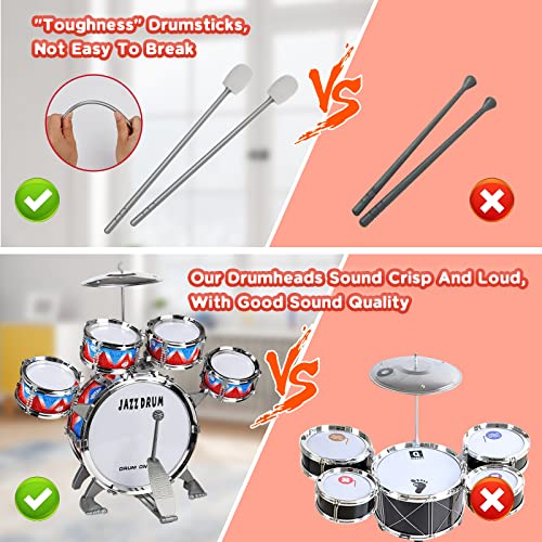 Kids Drum Kit, Toddler Jazz Drum Set 10 Piece for Toddler Toys 5 Drums with Stool Pedal Percussion Musical Instruments Drum Toy Birthday Early Education Xmas Gift Toys for 3 4 5 Year Old Girls Boys