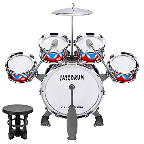 Kids Drum Kit, Toddler Jazz Drum Set 10 Piece for Toddler Toys 5 Drums with Stool Pedal Percussion Musical Instruments Drum Toy Birthday Early Education Xmas Gift Toys for 3 4 5 Year Old Girls Boys
