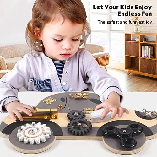Montessori Busy Board for Toddlers, Children'S Early Education Puzzle Unlocking Car Busy Board, Wooden Toy Busy Block Playboards with Lock, Latches, Gear, Educational Toys for 1-3 Boys & Girls