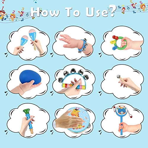 Holdfiturn 14 Pcs Musical Instruments for Toddlers Music Wooden Toys Music Enlightenment Percussion Toys Percussion Musical Toys Wooden Toys Percussion Set for Early Education (Blue)