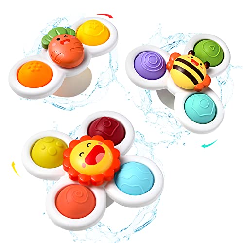 Hooku 3 Pcs Simple Dimple Suction Cup Spinner Toys, Early Education, Spinning Top/ Sensory Bath Travel Toys, Best Gifts for Toddler Boy Girl Baby
