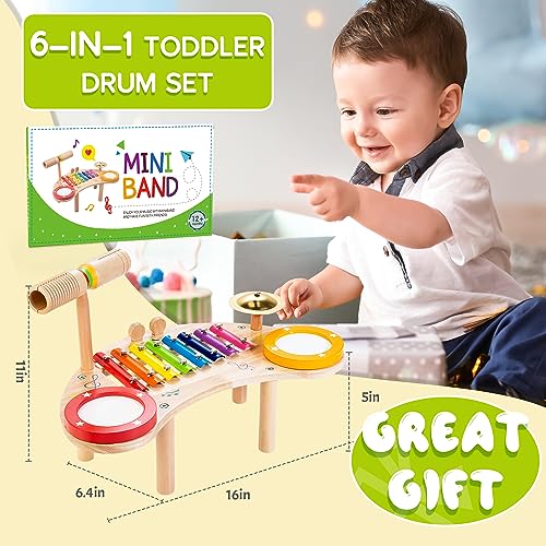 JUSTWOOD 6 in 1 Kids Drum Set Montessori Music Instruments for Toddlers 1-3, Kids Percussion Drum Xylophone,Preschool Baby Musical Drums 1 Year Old Toys for Boys and Girls