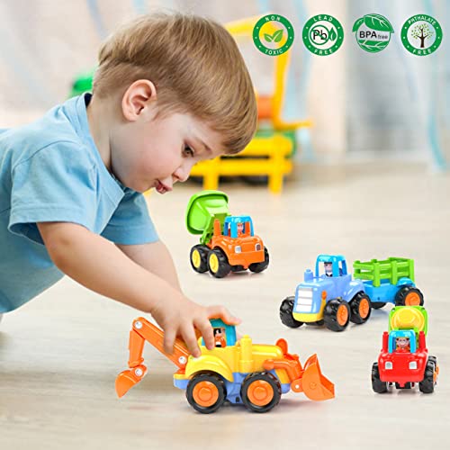 HOLA Toys for 1 2 Year Old Boy Gifts, 4 Pack Friction Power Kids Digger Trucks Toy Cars for 1+ Year Olds, Early Education Construction Vehicles Toddler Baby Kids Toys for 3 Year Old Boys
